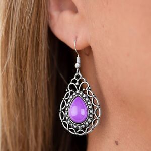 Silver ornate with purple stone center earrings